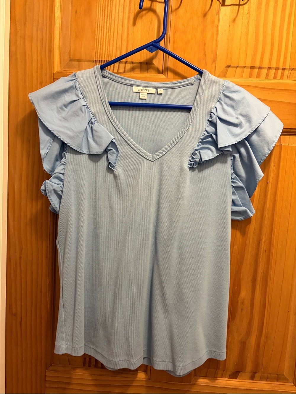 Chico's Powder Blue V-Neck Ruffle Sleeve Top